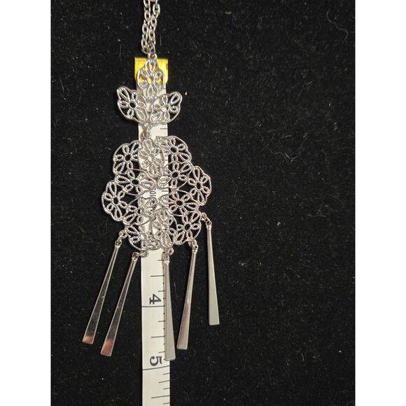 Vintage Silver Toned Flowers Pendant Chain Necklace With Five Dangle Bars Tassel - Picture 6 of 9